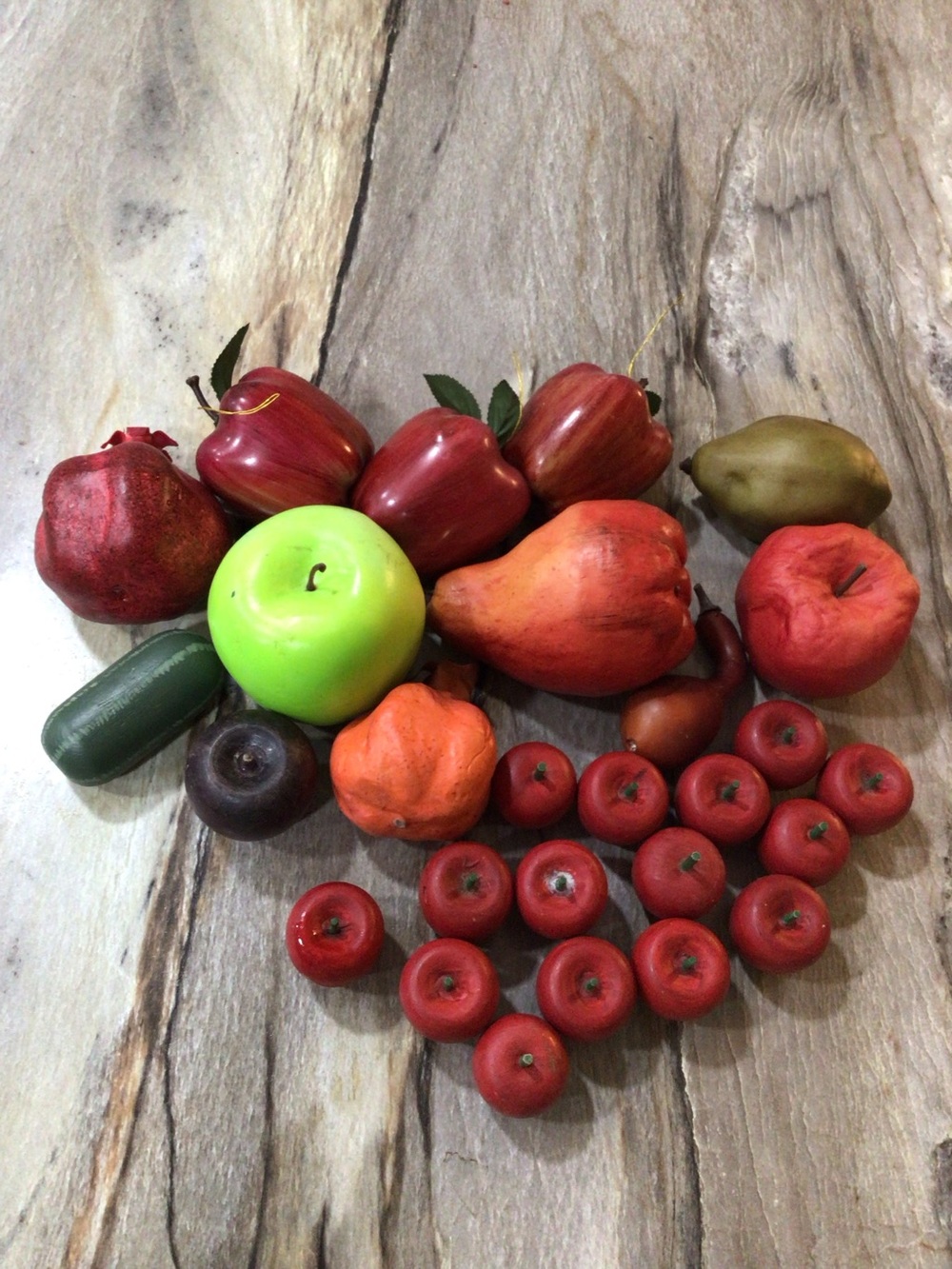 27 Pc Vintage Faux Fruit Lot Apples Pears Pomegranates Wood Styrofoam Decor